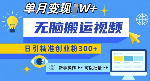 无脑搬运视频号可批量复制，新手即可操作，日引精准创业粉300+，月变现过W【揭秘】